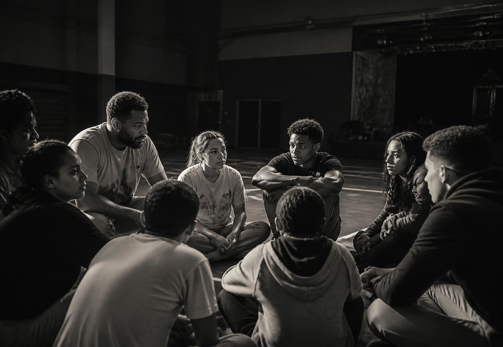 Youth and mentors sitting in a circle during a community program