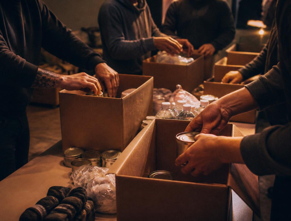 Volunteers packing care boxes for neighbors
